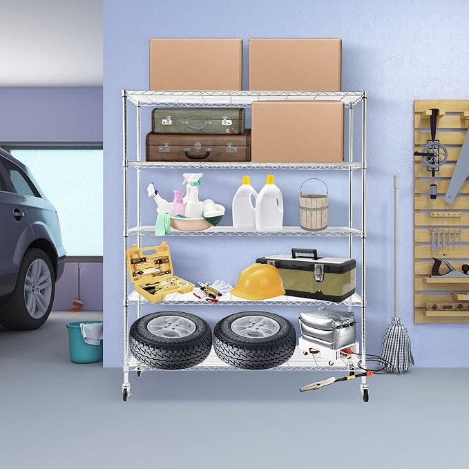BNSPLY Commercial Wire Shelving Unit with Wheels, 5 Tier Adjustable Wire Shelves with NSF Certified, Heavy Duty Metal Storage Rack Shelf Unit for Kitchen, Garage (17.7" D x 59" W x 71" H, Chrome) - ModernBath