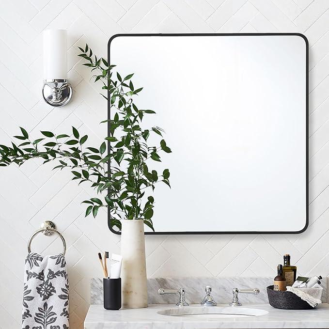Bonverre 30x30 Inch Rectangle Bathroom Mirror with Black Metal Frame, Rounded Corner Rectangular Vanity Mirror for Wall, Modern Large for Bedroom, Living Room, Horizontal or Vertical - ModernBath
