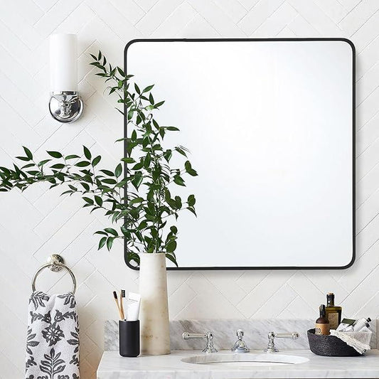 Bonverre 30x30 Inch Rectangle Bathroom Mirror with Black Metal Frame, Rounded Corner Rectangular Vanity Mirror for Wall, Modern Large for Bedroom, Living Room, Horizontal or Vertical - ModernBath