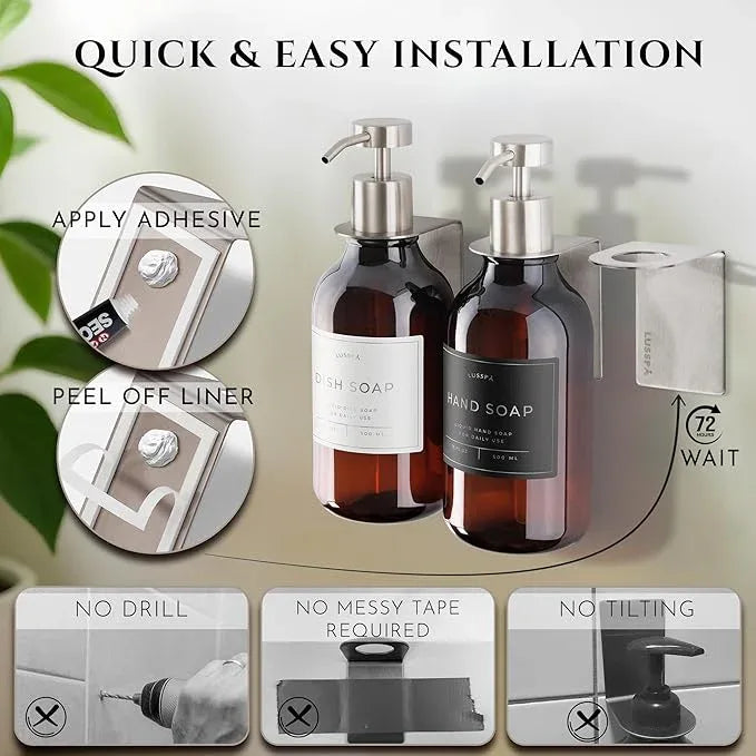Shampoo & Conditioner Dispenser - Shower Soap Dispenser Wall Mounted - Set of 3 16.9 Oz Plastic Bottles with Pump & Holder - Shampoo Dispenser - Shower Dispenser Chamber No Drill (3 X Amber/Silver) - ModernBath