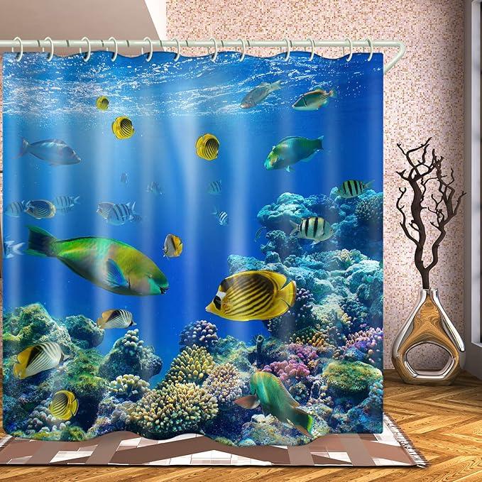 LYFANS Waterproof Polyester Fabric Shower Curtains, Seaworld Print Large Width Partition Curtain, Bathtub Shower Curtain Liner, 12 White Hooks (72x72 inches) - ModernBath