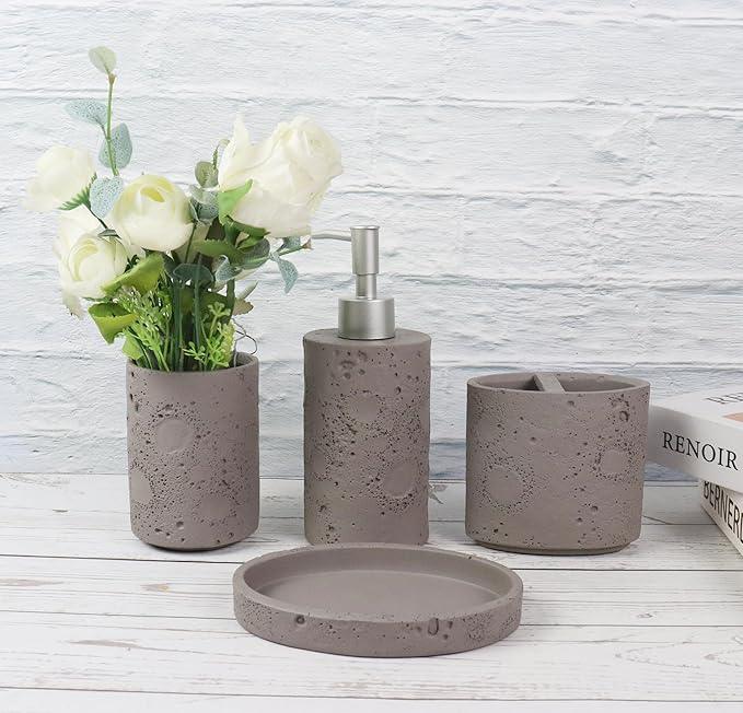 Hymmah Meteorites Bathroom Accessories Set,Farmhouse Bathroom Decor,4 Pcs Resin Gift Set Apartment Necessities, Contain Cotton Swab Jar,Soap Dispenser,Tumbler，Soap Dish/Tray - ModernBath