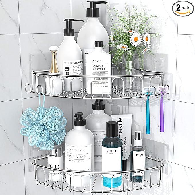 Orimade Corner Shower Caddy Stainless Steel with Hooks Wall Mounted Bathroom Shelf Storage Organizer Adhesive No Drilling 2 Pack, Silver Only for 90-Degree Corner - ModernBath