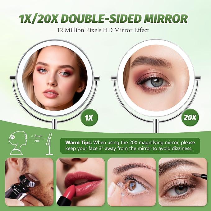 VORREMIRR 9" Large Lighted Makeup Mirror with Magnification 20X/1X, Magnifying Mirror with Base Charging and Switch, Rechargeable Vanity Mirror with 3 Color Dimmable Lights for Dresser, Bathroom - ModernBath