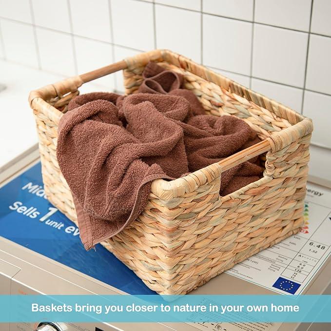 VATIMA Large Rectangular Wicker Basket with Wooden Handles for Shelves and Storage - Natural Water Hyacinth Basket for Organizing, 14.5 x 10.3 x 7.5 inches - ModernBath