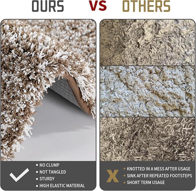 Yimobra Fluffy Plush Bath Rug, Shaggy Soft Comfortable Non Slip, Water Absorbent Microfiber Bath Mat, Dry Quick, Machine Washable Thick Bathroom Floor Rugs for Shower, 44"x 24", Light Brown and White - ModernBath