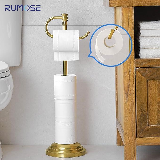 RUMOSE Toilet Paper Holder Stand for Floor, Brushed Gold Adjustable (12.4" to 22.8") Bathroom Toilet Tissue Holder, Free Standing Toilet Paper Roll Holder with Storage, Stainless Steel - ModernBath
