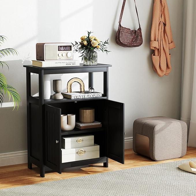 GOFLAME Bathroom Cabinet, Floor Storage Organizer with 2 Doors, 2 Open Shelves, 3-Level Adjustable Shelf, Modern Storage Unit for Laundry Room, Entryway, Living Room, Black - ModernBath