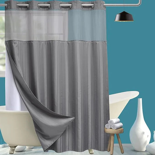Extra Long No Hook Waffle Weave Shower Curtain with Snap in Liner Set, Hotel Luxury Grey Shower Curtains for Bathroom with See Through Top Window, Waterproof, Washable 71W x 84H Stripe - ModernBath