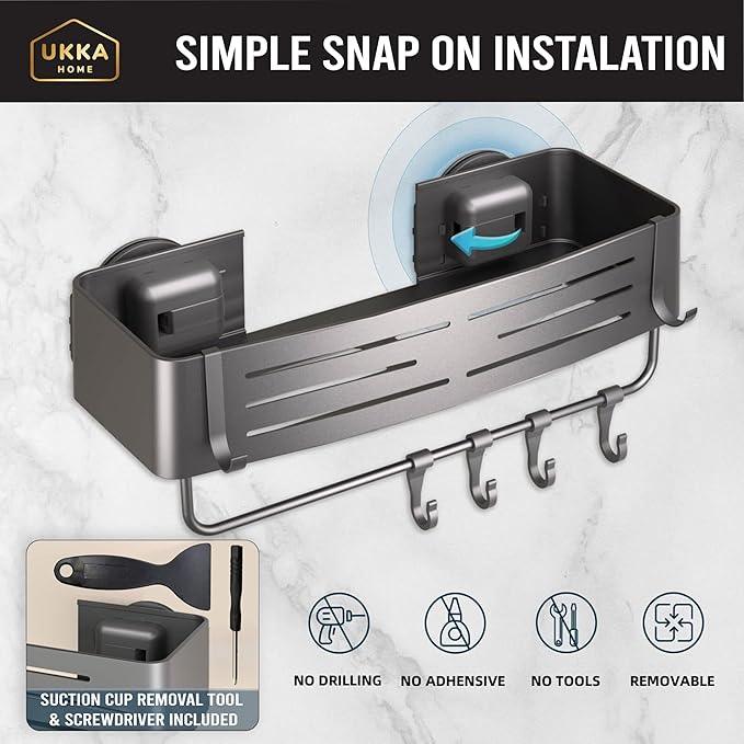 UKKA HOME Suction Cup SQUARE Shower Caddy with Hooks and Towel Bar for Bathroom. Aluminum, Reusable, Rustproof, No Drill, No Tools, No Glue. Multifunctional, Hang Towel, Loofah, Sponge (2 Pack, Gray) - ModernBath