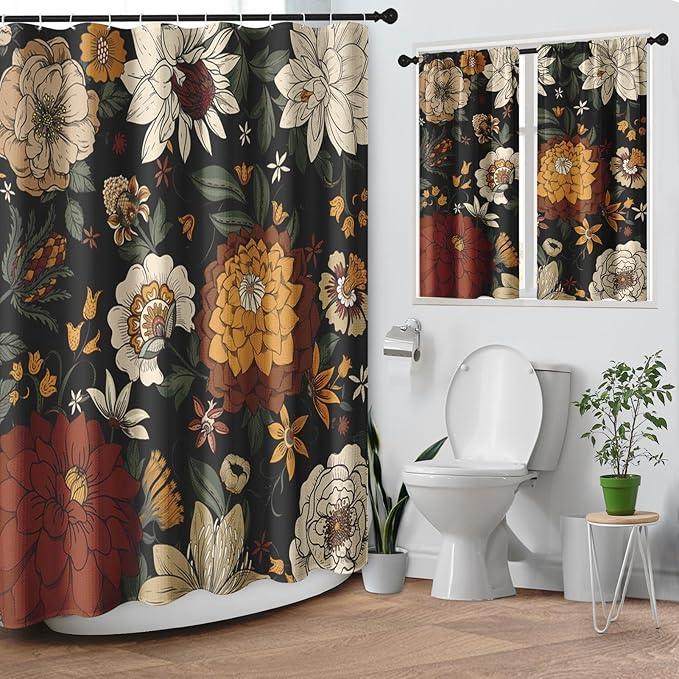 Culudea Boho Floral Black Shower Curtain Set, Vintage Flower Peony Plant Bathroom Window Waffle Textured Cloth Waterproof Shower Curtains for Bathroom Decor - ModernBath