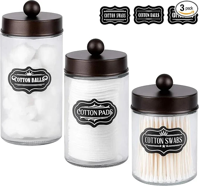 Apothecary Jars 3 Pack - Glass Bathroom Containers with Stainless Steel Lids - Rustic Farmhouse Decor Bathroom Accessories, Vanity Organizer Apothecary Jars for Qtip/Cotton Balls (Bronze) - ModernBath