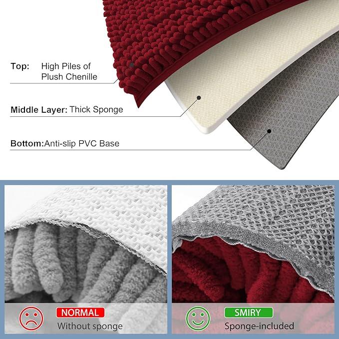 Smiry Luxury Chenille Bathroom Rugs 30x20, Extra Soft and Absorbent Shaggy Bath Mat, Machine Washable, Non-Slip Plush Carpet Runner for Tub, Shower, and Floor, Home Decor Accessories, Red - ModernBath