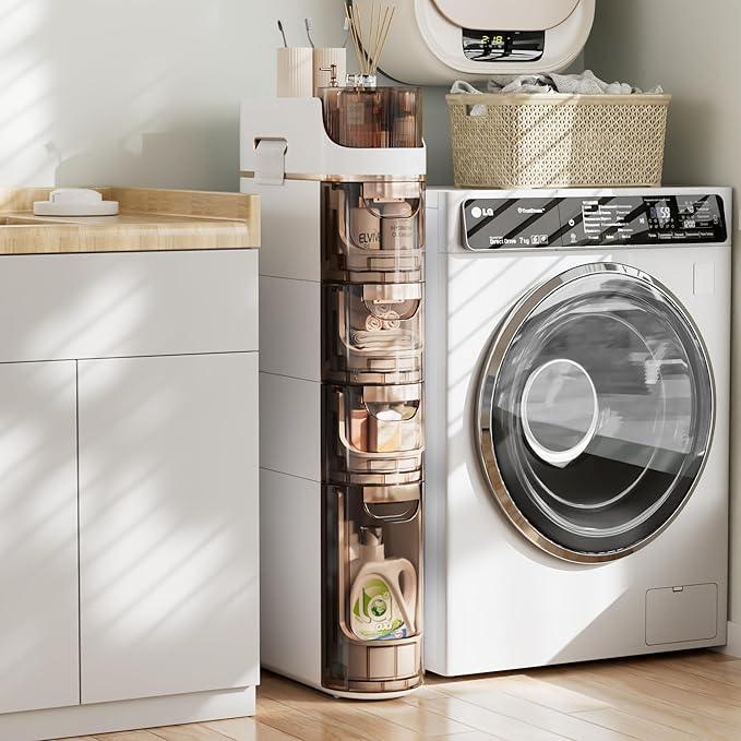 VECELO 4-Tier Slim Bathroom Storage Cabinet with Wheels, Skinny Bathroom Storage Cabinet with Drawers, Toilet Paper Holder, Movable Narrow Floor Cabinet for Small Space, Bathroom - ModernBath