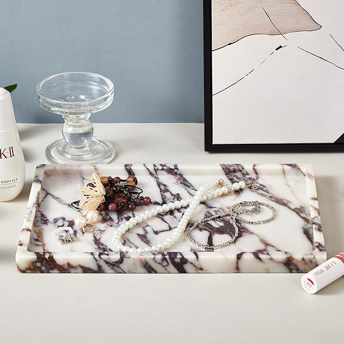 Denique Natural Marble Vanity Tray for Bathroom Countertop, Stone Storage Tray for Home Decor, 12"x8" Genuine Calacatta Viola Marble Perfume Jewelry Organizer for Kitchen Dresser - ModernBath