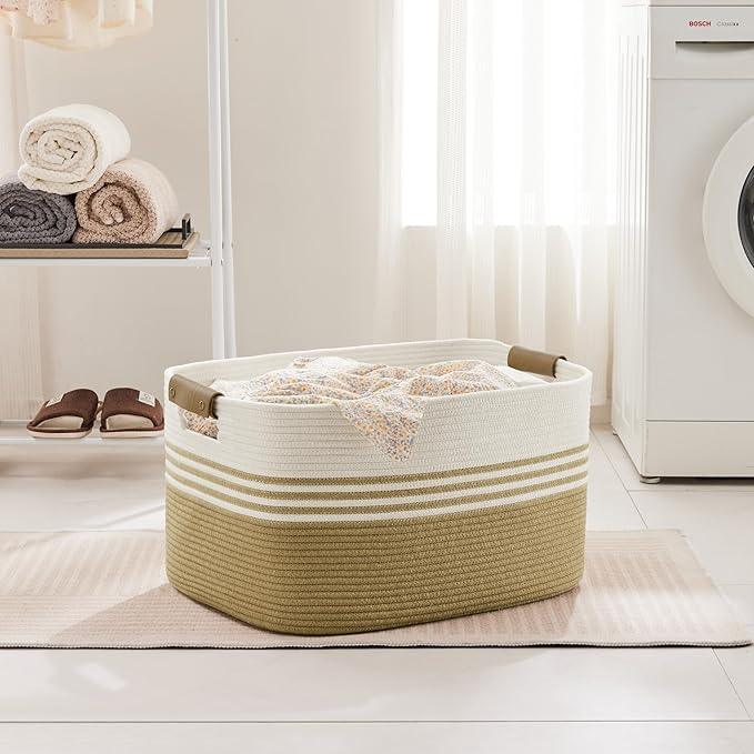 72L Large Laundry Basket with Leather Handles for Living Room Storage, Woven Rope Baskets Bin for Blanket, Kids Toy, Gifts, Wicker Hamper for Bedroom Dirty Clothes, 22"x17"x12" Khaki - ModernBath