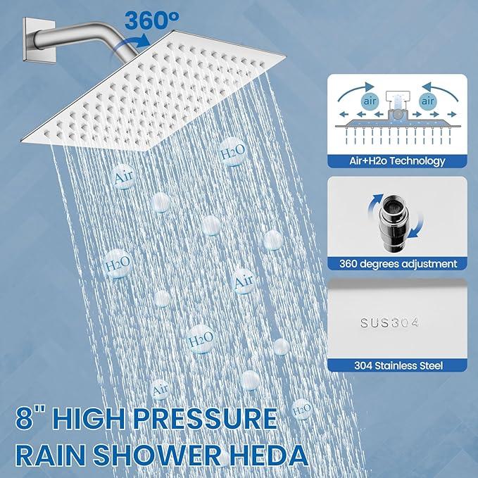 Airuida Shower Faucet Set Bathroom Rain Shower System 8 Inch Square Showerhead Single Function 1 Handle Trim Kit with Female Thread Rough-in Valve Cover Plate with H and C Labels Chrome Polish - ModernBath