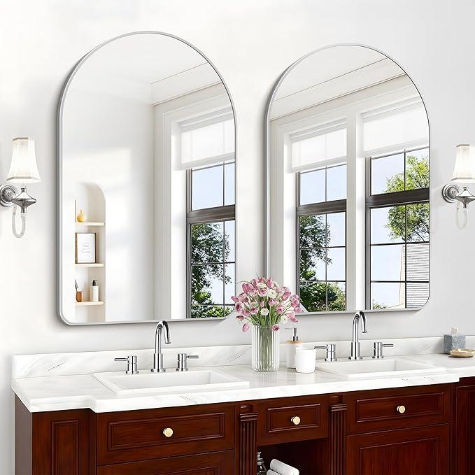 Arched Bathroom Mirror, 30"x48" Silver Arched Mirror for Bathroom, Wall Mounted Mirror, Silver Vanity Wall Mirror w/Metal Frame for Bedroom, Entryway, Living Room, Hanging or Leaning Against - ModernBath