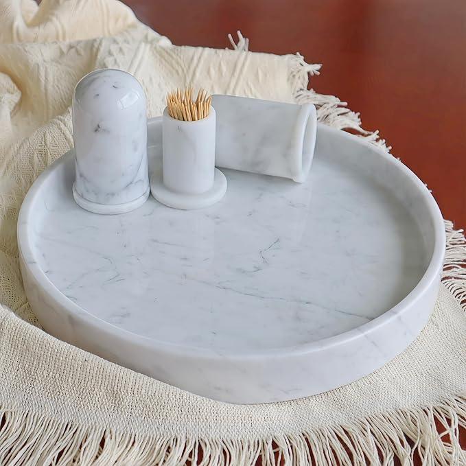 Apasqro Carrara White Marble Tray Round 10 Inch, Natural Stone Perfume & Dessert Tray, Elegant Serving & Display Plate for Home, Vanity, 2 cm Deep, Non-Slip Base - ModernBath