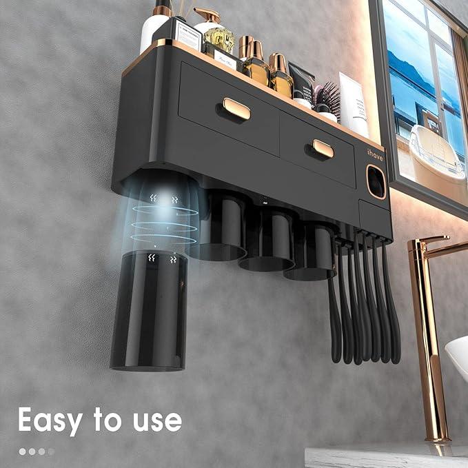 iHave Toothbrush Holders Wall Mounted with Toothpaste Dispenser & 4 Cups - Luxury Black and Gold Design for Bathroom Decor, All-in-One Bathroom Organizers & Storage for Toothbrushes and Accessories - ModernBath