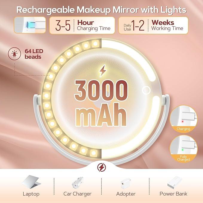 B Beauty Planet Vanity Mirror with Lights, 30X Magnifying Makeup Mirror with 3 Lighting and Adjustable Brightness, Rechargeable 2-Sided Height Adjustable Desk Mirror for Bathroom, Gift for Women White - ModernBath