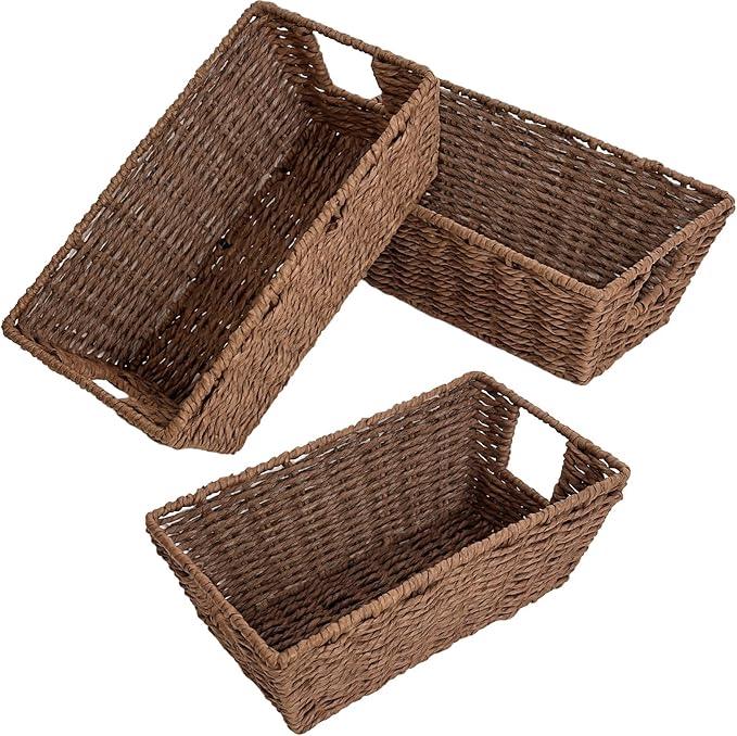 Paper Rope Storage Baskets for Shelves Organizing, Small Hand Woven Wicker Organizer Basket with Handle for Bathroom Toilet Paper Storage, Brown, 3-Pack - ModernBath