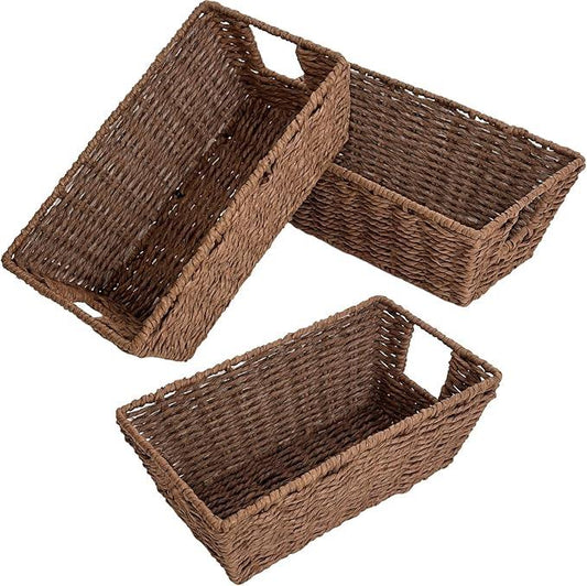 Paper Rope Storage Baskets for Shelves Organizing, Small Hand Woven Wicker Organizer Basket with Handle for Bathroom Toilet Paper Storage, Brown, 3-Pack - ModernBath