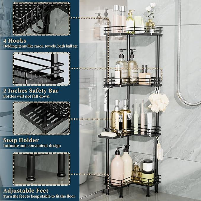 Consumest Corner Shower Caddy Standing - 4-Tier Stainless Steel Shower Organizer with Soap Holder and 4 Hooks, Large Capacity Corner Shelf Stand for Bathroom, Rest Room, Black - ModernBath