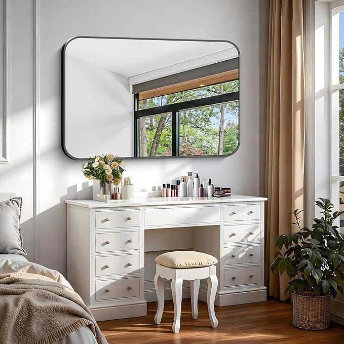 CIVENO Black Bathroom Mirror, 28x42 inch Aluminum Metal Frame Rectangular Vanity Mirror, Wall Mounted Rectangle Mirrors with Rounded Corner for Bedroom Living Room Hangs Horizontal Or Vertical - ModernBath