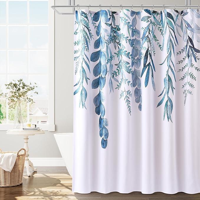BOODII Blue Plant Watercolor Shower Curtains 72 inches Long Floral Leaf Shower Curtain for Bathroom Botanical Leaves Hunter Blue Eucalyptus Curtain Jungle Bathroom Decor 72x72 - ModernBath