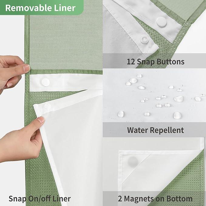 eachope Stall No Hook Shower Curtain with Snap-in Fabric Liner Set,Waffle Weave Shower Curtains for Bathroom,Hotel Luxury Decor Bathroom Curtain Set,Waterproof & Washable,Sage Green,54Wx80H - ModernBath