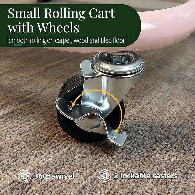 2 Tier Rolling Cart with Wheels for Under Desk Storage, Pink Small Rolling Pantry Storage Cart for Small Space, Metal Utility Shelf for Kitchen Bathrrom Laundry Room Organization - ModernBath