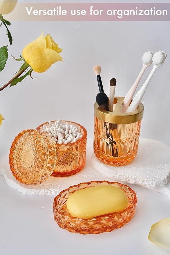 LaMarriti Orange Bathroom Accessories Set, 5Pcs Clear Glass Bathroom Set, Lotion Soap Dispenser, Soap Dish, Tumbler, Toothbrush Holder Set, Qtips Holder for Vintage Bathroom Decor, Gift Set - ModernBath