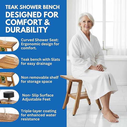 EcoDecors 18" Satori Teak Shower Bench –Compact Bath Seat, Natural Wood Finish Water-Resistant Spa Bench | Slatted Design & Adjustable Feet for Indoor Outdoor Use | Storage Shelf - ModernBath