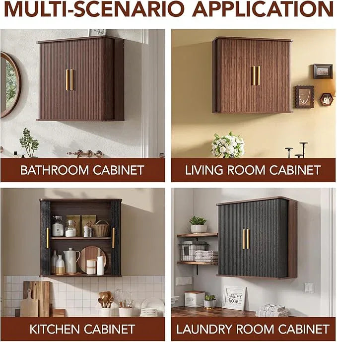 Laundry Wall Cabinet with Fluted Sliding Door, 29.5" W Bathroom Medicine Cabinet with Adjustable Shelf, Wall Mounted Storage Cabinet for Living Room Kitchen, 11.7" D x 29.5" W x 27.68" H - ModernBath