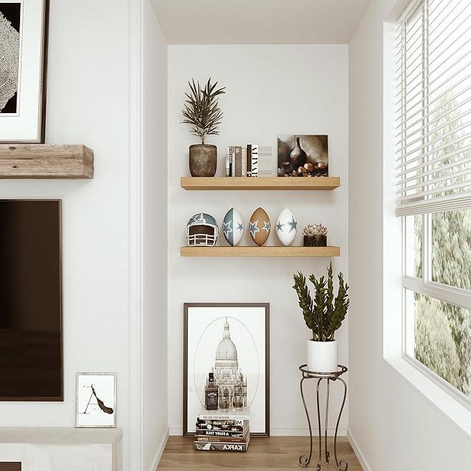 Vivelove Oak Floating Shelves 24 inchs Long, 9.1” Deep Bathroom Shelves Wall Mounted for Bedroom, Living Room, Kitchen, Office, Rustic Home Decor, Wall Shelves with Invisible Brackets, Set of 2 - ModernBath