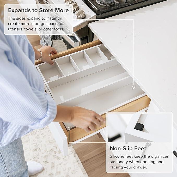 KitchenEdge Adjustable Kitchen Drawer Organizer for Utensils and Junk, Food-Safe Contract Grade with 100% Sustainable Wood, Expandable from 10.5 to 19 Inches Wide - White Bamboo - ModernBath