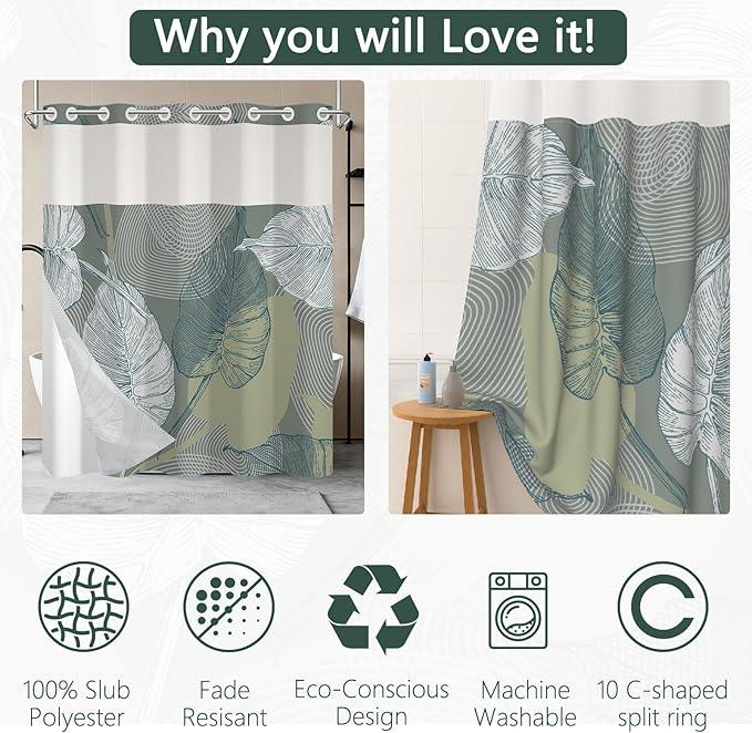 NAEMBCU No Hook Shower Curtain with Snap-in Liner, Tropical Gray-Green Watercolor Plant Bath Curtain with See Through Top, Waterproof Double Layer for Bathroom Decor, 71 x 74 Inch - ModernBath