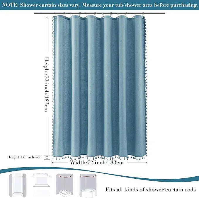 Nanspring Blue Boho Linen Shower Curtain 72 Inch Fabric Textured Elegant Shower Curtain Set with Hooks Simple Aesthetic Bathroom Decor with Hooks Vintage Cottage Bath Curtain for Bathroom 72x72 - ModernBath