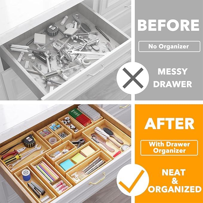 SpaceAid 14-Piece Bamboo Drawer Organizer Storage Boxes Set, Wood Tray Junk Drawer Organizers Multi-Use Divider Bins for Kitchen, Bathroom, Office Desk and Makeup Organization (14 Pack, Natural) - ModernBath