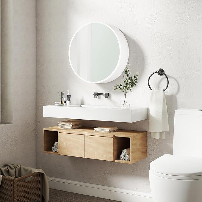 SUNWAVE 20 Inch Round Black Medicine Cabinet with Mirror, Modern Wall Mounted Vanity Cabinet for Bathroom, Circle Bathroom Mirror with Storage, Space-Saving Wood Cabinet (White, 20 Inch) - ModernBath