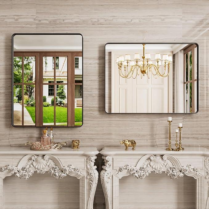 JISOSO Black Bathroom Mirror 20X30 Inch, Black Metal Framed Mirror for Wall, Rounded Rectangle Matte Bathroom Vanity Mirror with Tempered Glass, Anti-Rust, Horizontal/Vertical - ModernBath