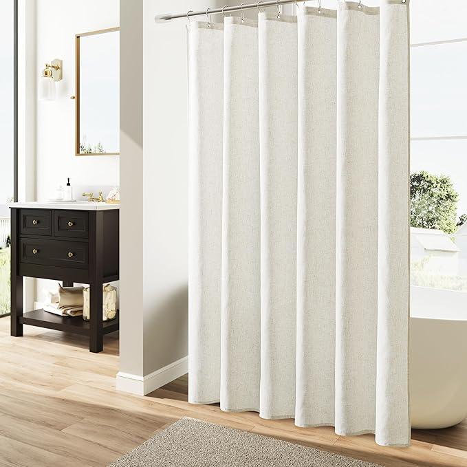 Naturoom Extra Long Cream Shower Curtains 90 Inch Length Natural Linen Fabric Shower Curtain Set with Hooks Tall Bath Curtain with See Through Top Window Country Farmhouse Style,Cream,72x90 - ModernBath