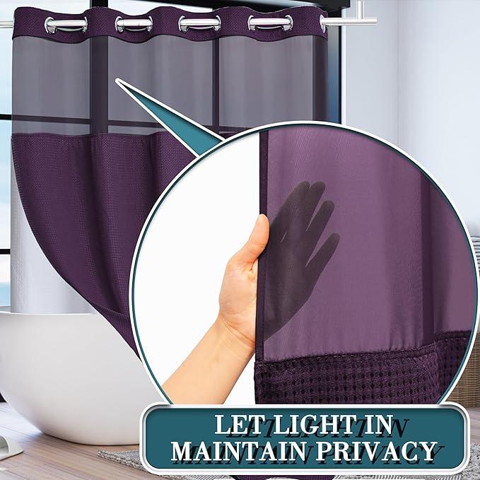 Conbo Mio No Hook Waffle Weave Shower Curtain with Snap in Liner Set, Hotel Luxury Purple Shower Curtains for Bathroom with See Through Top Window, Waterproof, Washable 71W x 74H - ModernBath