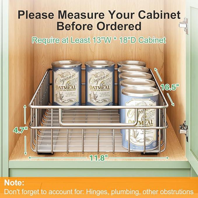 Stainless Steel Pull Out Cabinet Organizer(11.8"W x 16.5"D x 4.7"H)-1 Pack, Minimalist Design Frame, Full-Extension Slide Rails, Easy Installation for Pantry Organizers or Kitchen Cabinet Organizer - ModernBath