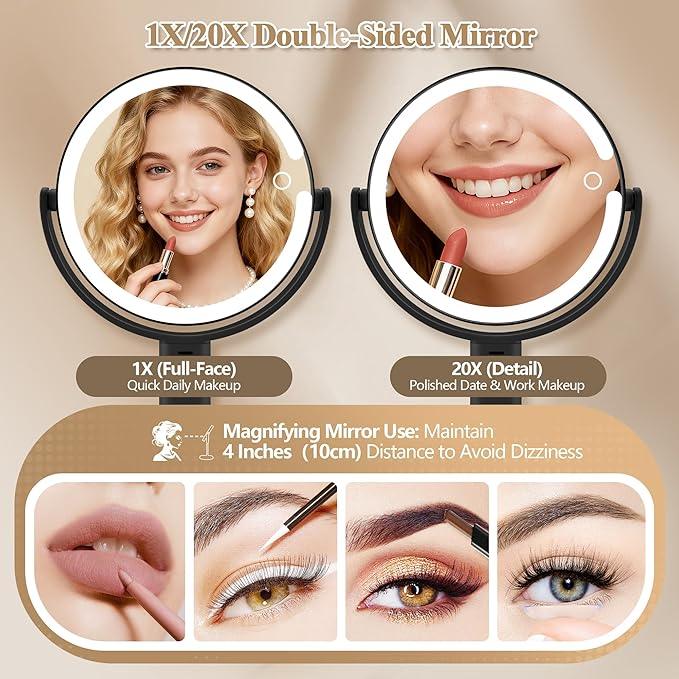 MOMOKUBA Makeup Mirror with Lights, Double Sided 1x/20x Magnifying Mirror with Light, Rechargeable 3 Color Lights and Adjustable Brightness, 360° Rotation Detachable Comes with Tweezer(Black) - ModernBath