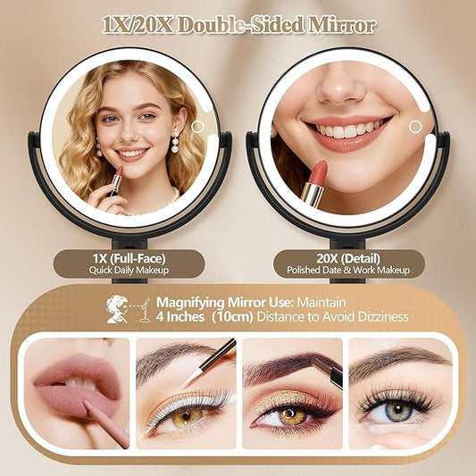 MOMOKUBA Makeup Mirror with Lights, Double Sided 1x/20x Magnifying Mirror with Light, Rechargeable 3 Color Lights and Adjustable Brightness, 360° Rotation Detachable Comes with Tweezer(Black) - ModernBath