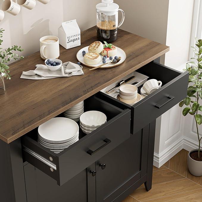 HORSTORS Kitchen Storage Cabinet, Modern Farmhouse Buffet Cabinet with Storage, Coffee Bar with 2 Drawers and 2 Doors, Floor Sideboard Buffet for Living Room, Dining Room, Bathroom, Black/Rustic Brown - ModernBath