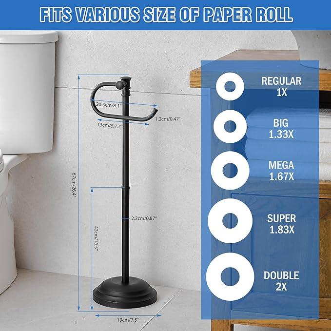 RUMOSE Toilet Paper Holder Stand for Floor,Matte Black Adjustable (12.4" to 22.8") Bathroom Toilet Tissue Holder, Free Standing Toilet Paper Roll Holder with Storage, Stainless Steel - ModernBath