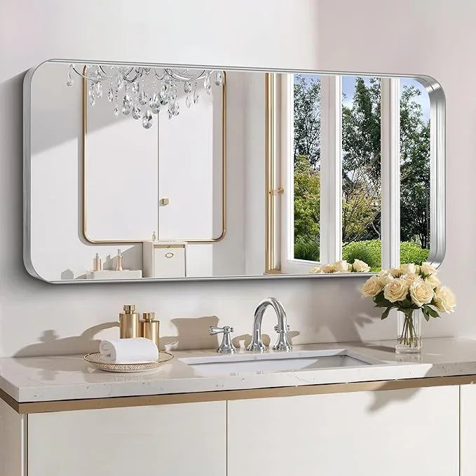 FORBATH 24x48 Inch Bathroom Mirror, Brushed Silver Deep Frame Narrow Full Length Wall Mirror with Rounded Corners, Anti-Rust Tempered Glass for Modern Farmhouse Vanity (Horizontal/Vertical) - ModernBath